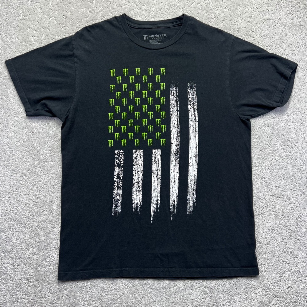 Monster Energy T Shirt Mens Large Black Green American Flag USA Graphic Logo Tee